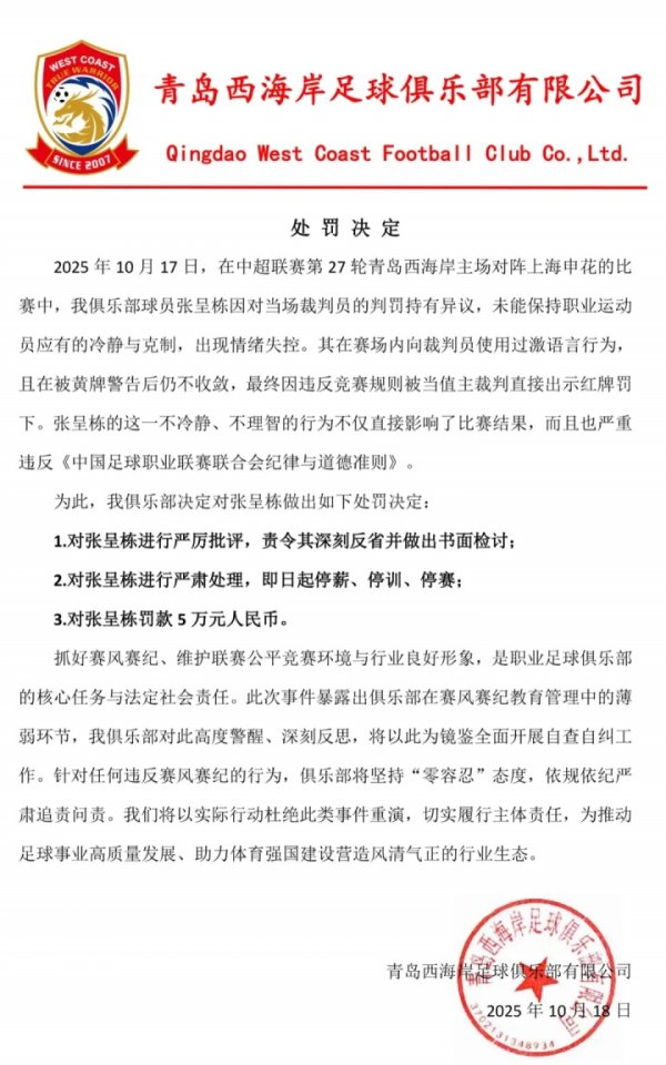 怒喷裁判    被罚下!青岛西海岸官方:对张呈栋“三停”,罚款5万 怒喷裁判    被罚下!青岛西海岸官方:对张呈栋“三停”,罚款5万
